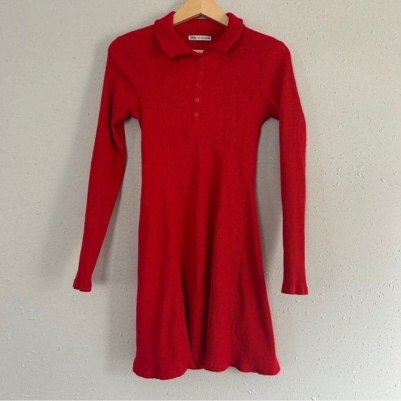 Zara Dresses & Skirts - Zara Red Collared Ribbed Mini Dress Holiday Party Winter Casual Large